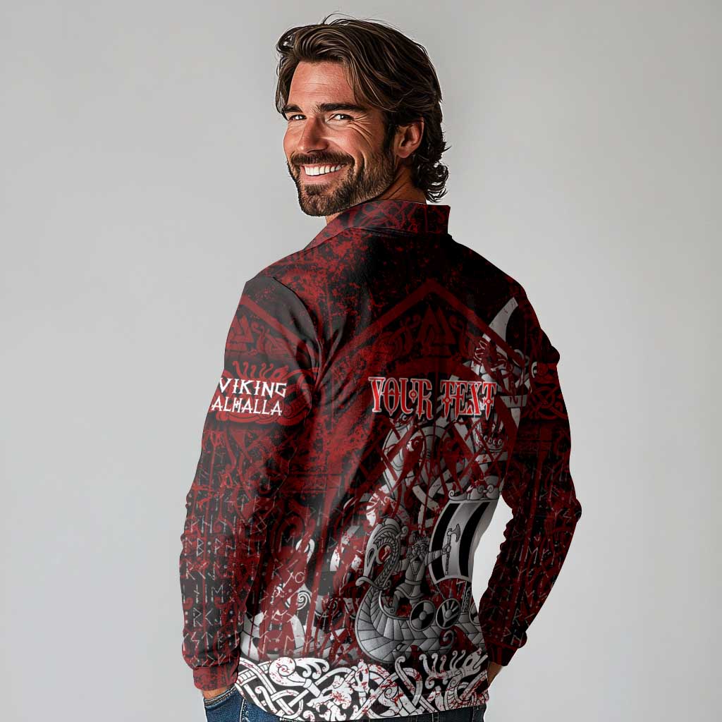 Blood Flows to Valhalla Long Sleeve Polo Shirt Viking Longship Nordic Knotwork - Dark Mythology