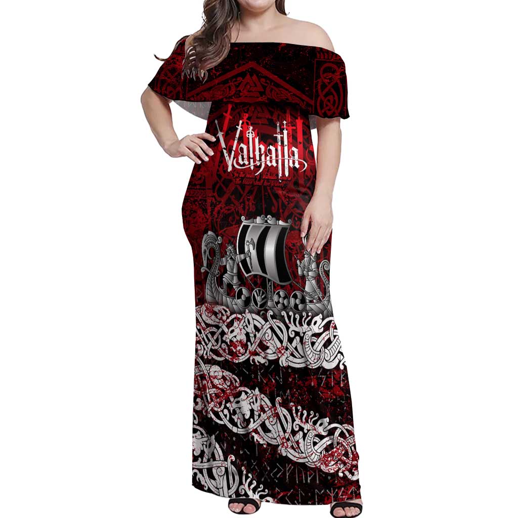 Blood Flows to Valhalla Off Shoulder Maxi Dress Viking Longship Nordic Knotwork - Dark Mythology