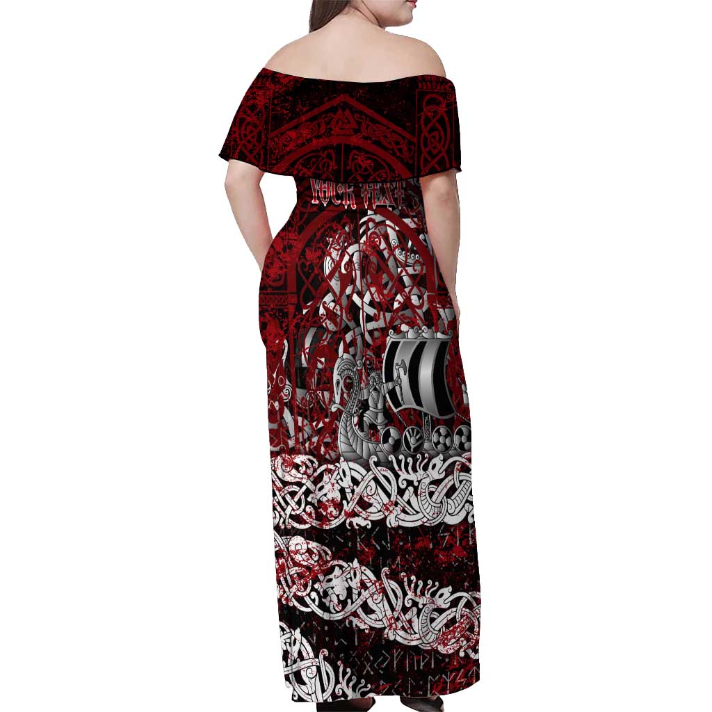 Blood Flows to Valhalla Off Shoulder Maxi Dress Viking Longship Nordic Knotwork - Dark Mythology