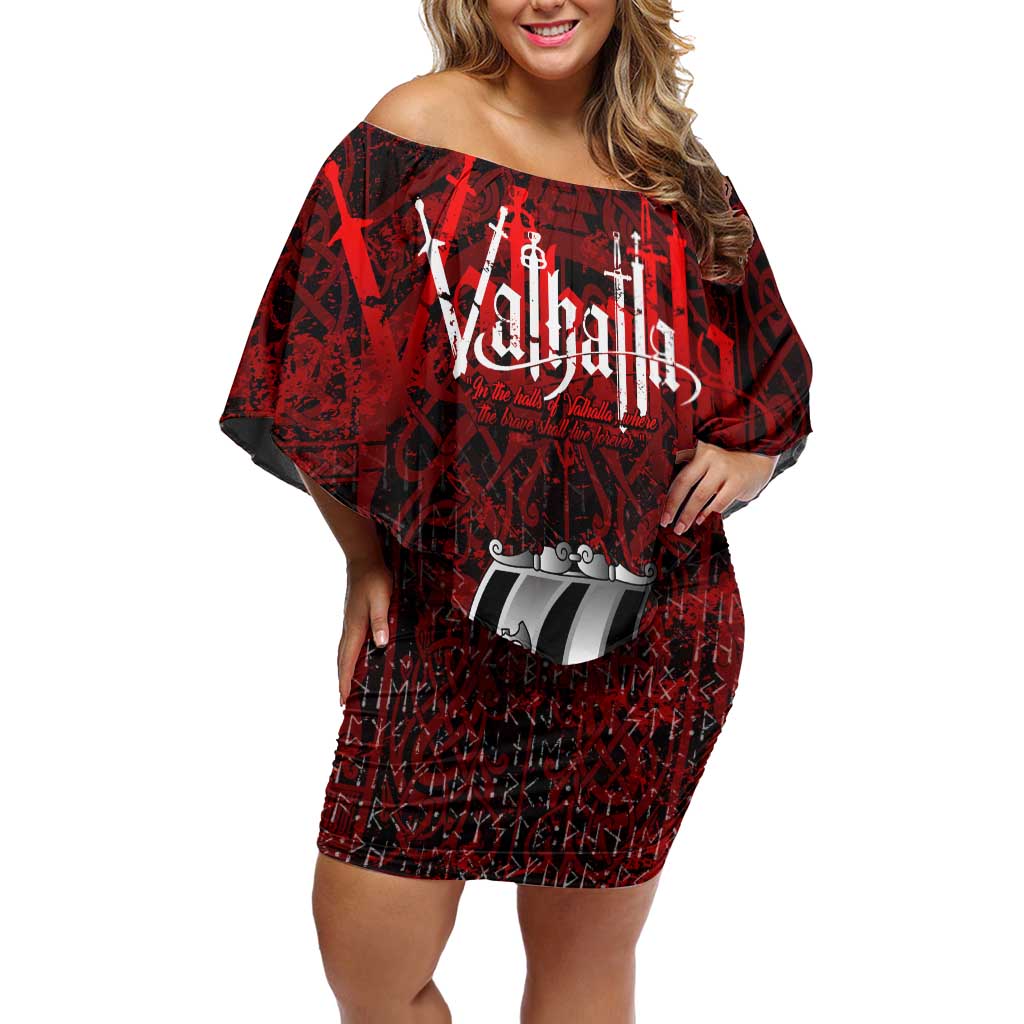 Blood Flows to Valhalla Off Shoulder Short Dress Viking Longship Nordic Knotwork - Dark Mythology