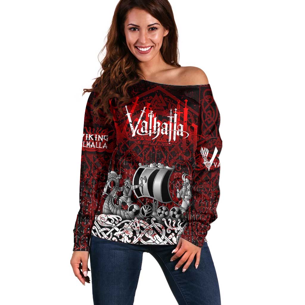 Blood Flows to Valhalla Off Shoulder Sweater Viking Longship Nordic Knotwork - Dark Mythology
