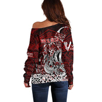 Blood Flows to Valhalla Off Shoulder Sweater Viking Longship Nordic Knotwork - Dark Mythology