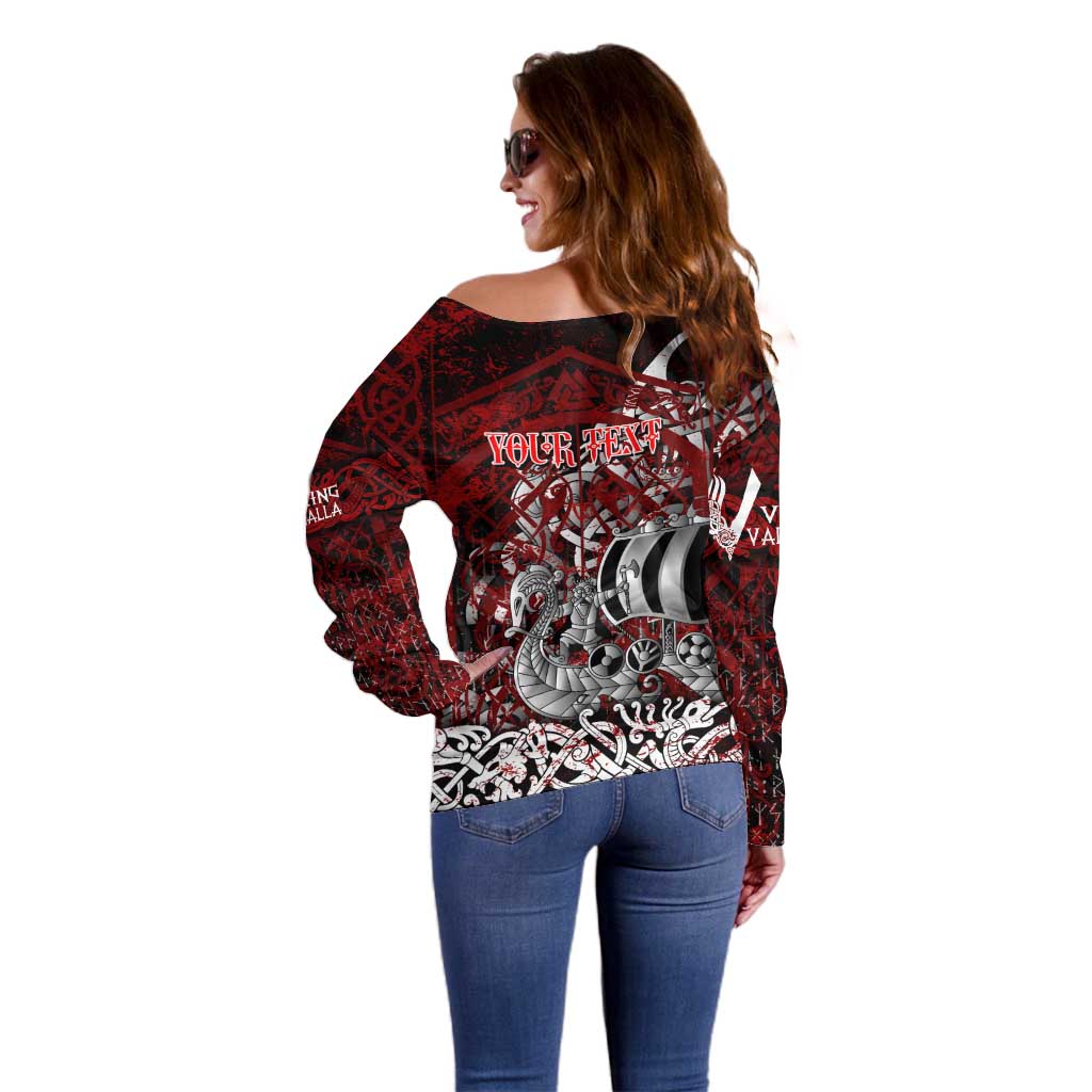 Blood Flows to Valhalla Off Shoulder Sweater Viking Longship Nordic Knotwork - Dark Mythology