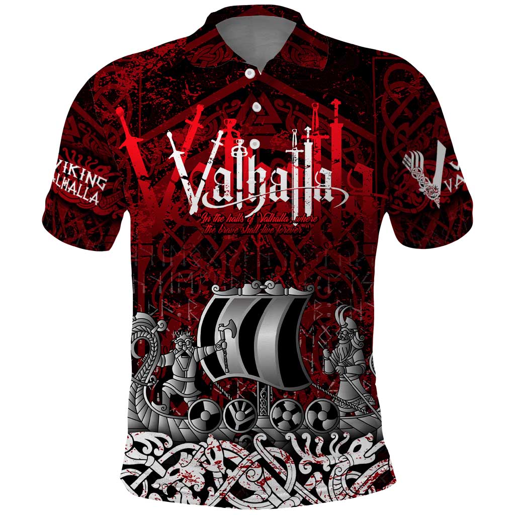 Blood Flows to Valhalla Polo Shirt Viking Longship Nordic Knotwork - Dark Mythology