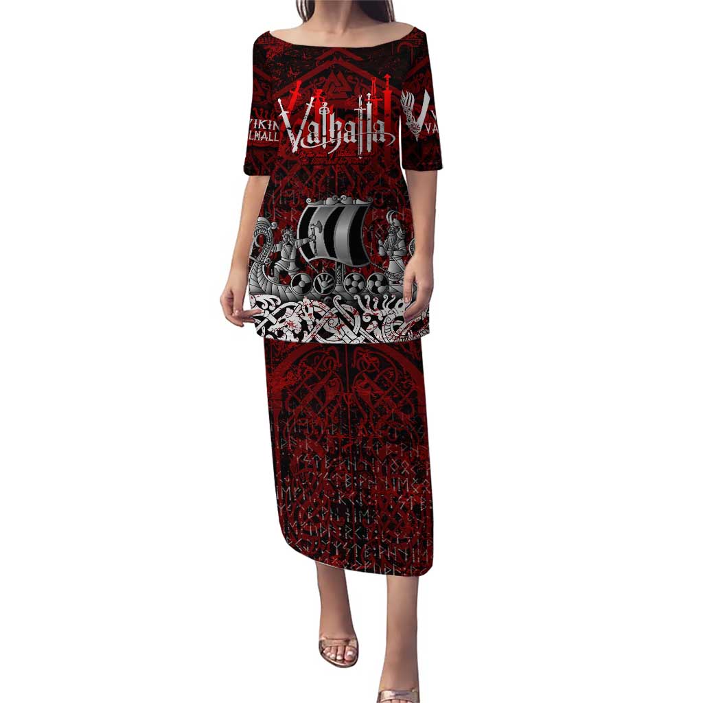 Blood Flows to Valhalla Puletasi Viking Longship Nordic Knotwork - Dark Mythology