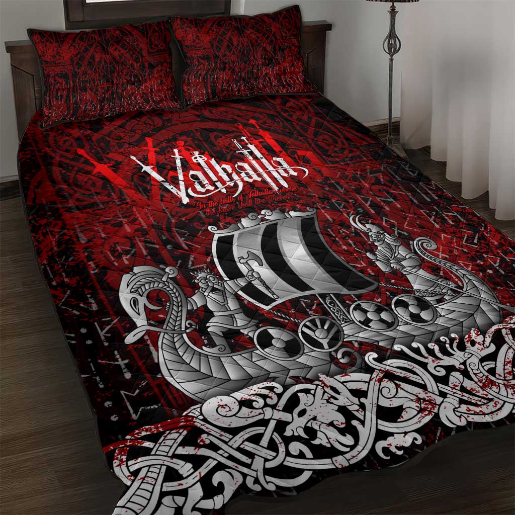 Blood Flows to Valhalla Quilt Bed Set Viking Longship Nordic Knotwork - Dark Mythology