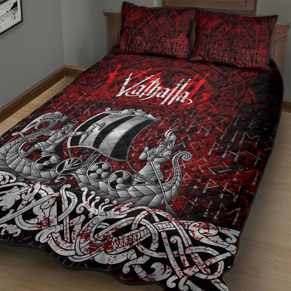 Blood Flows to Valhalla Quilt Bed Set Viking Longship Nordic Knotwork - Dark Mythology