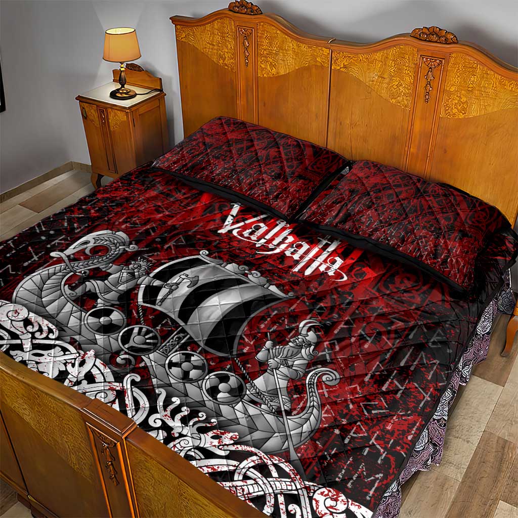 Blood Flows to Valhalla Quilt Bed Set Viking Longship Nordic Knotwork - Dark Mythology