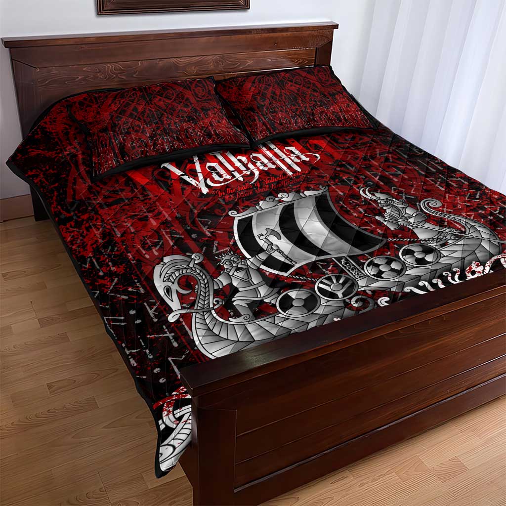 Blood Flows to Valhalla Quilt Bed Set Viking Longship Nordic Knotwork - Dark Mythology
