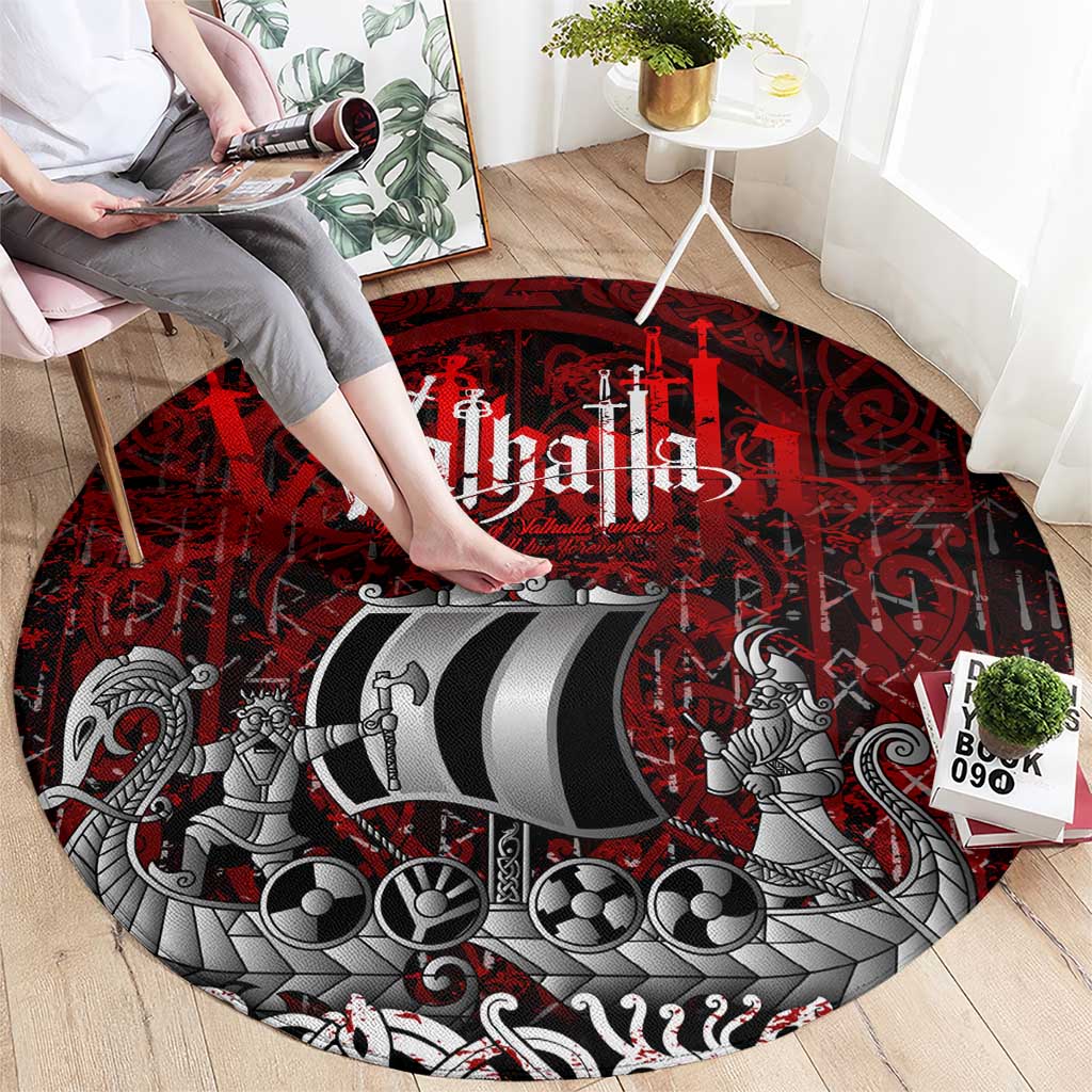 Blood Flows to Valhalla Round Carpet Viking Longship Nordic Knotwork - Dark Mythology