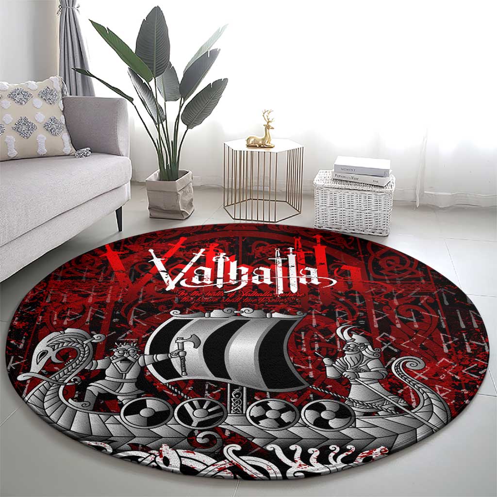 Blood Flows to Valhalla Round Carpet Viking Longship Nordic Knotwork - Dark Mythology