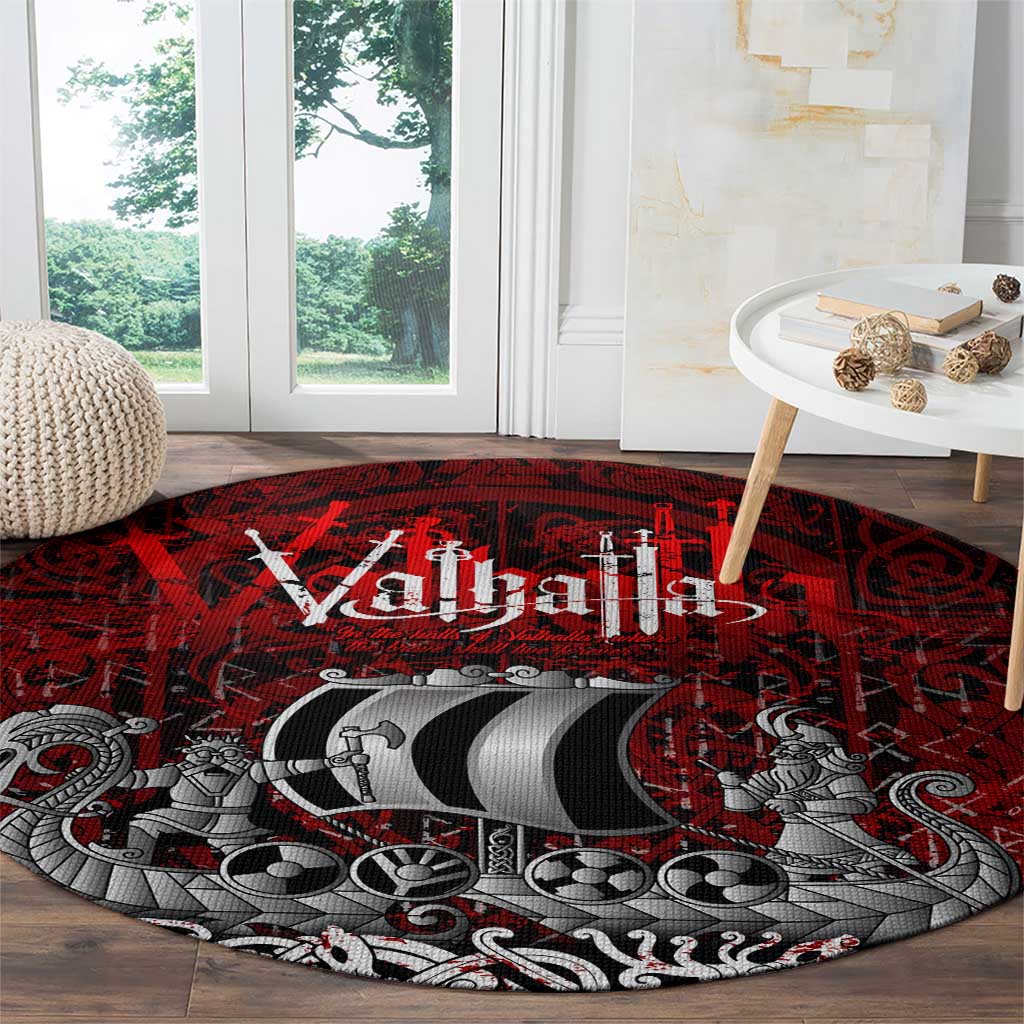 Blood Flows to Valhalla Round Carpet Viking Longship Nordic Knotwork - Dark Mythology