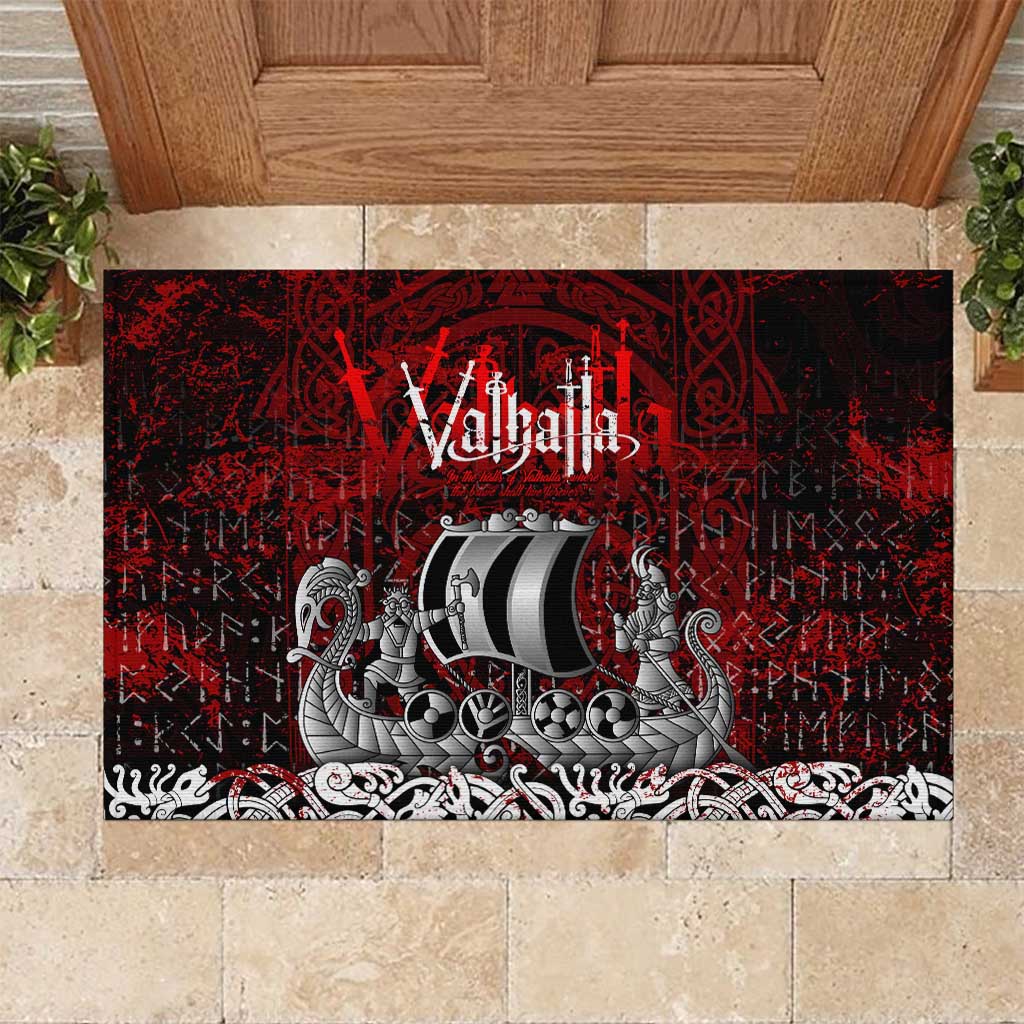 Blood Flows to Valhalla Rubber Doormat Viking Longship Nordic Knotwork - Dark Mythology