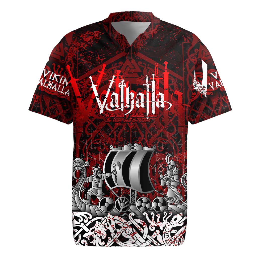 Blood Flows to Valhalla Rugby Jersey Viking Longship Nordic Knotwork - Dark Mythology