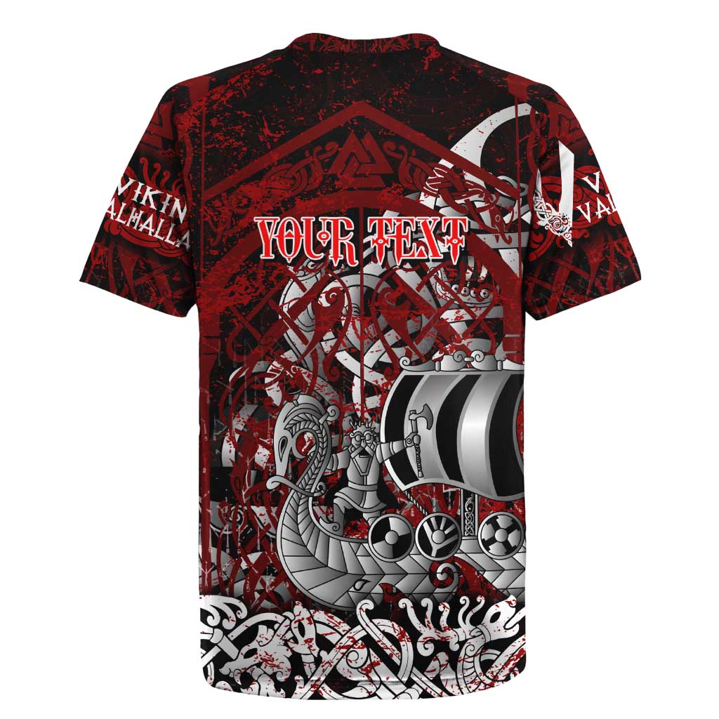 Blood Flows to Valhalla Rugby Jersey Viking Longship Nordic Knotwork - Dark Mythology