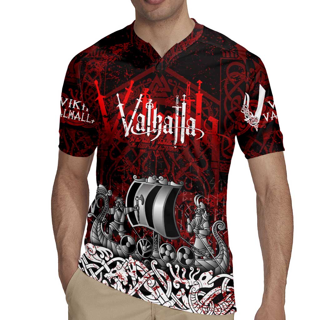 Blood Flows to Valhalla Rugby Jersey Viking Longship Nordic Knotwork - Dark Mythology