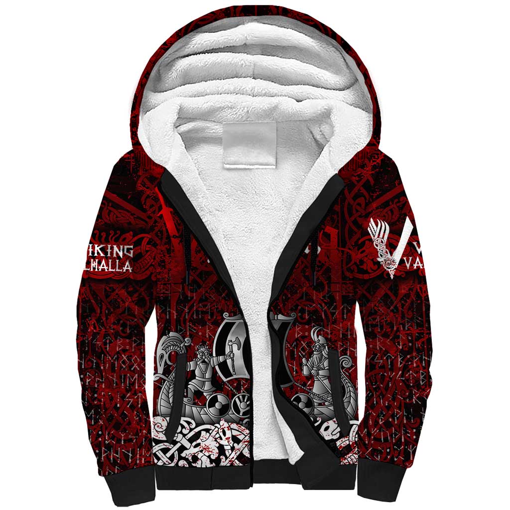 Blood Flows to Valhalla Sherpa Hoodie Viking Longship Nordic Knotwork - Dark Mythology