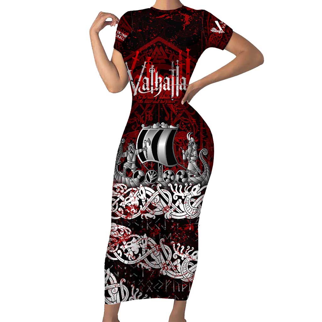 Blood Flows to Valhalla Short Sleeve Bodycon Dress Viking Longship Nordic Knotwork - Dark Mythology