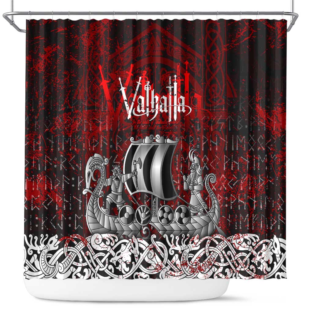 Blood Flows to Valhalla Shower Curtain Viking Longship Nordic Knotwork - Dark Mythology