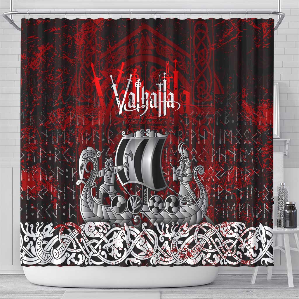 Blood Flows to Valhalla Shower Curtain Viking Longship Nordic Knotwork - Dark Mythology