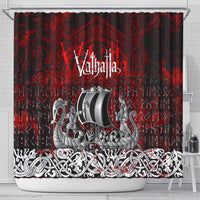 Blood Flows to Valhalla Shower Curtain Viking Longship Nordic Knotwork - Dark Mythology
