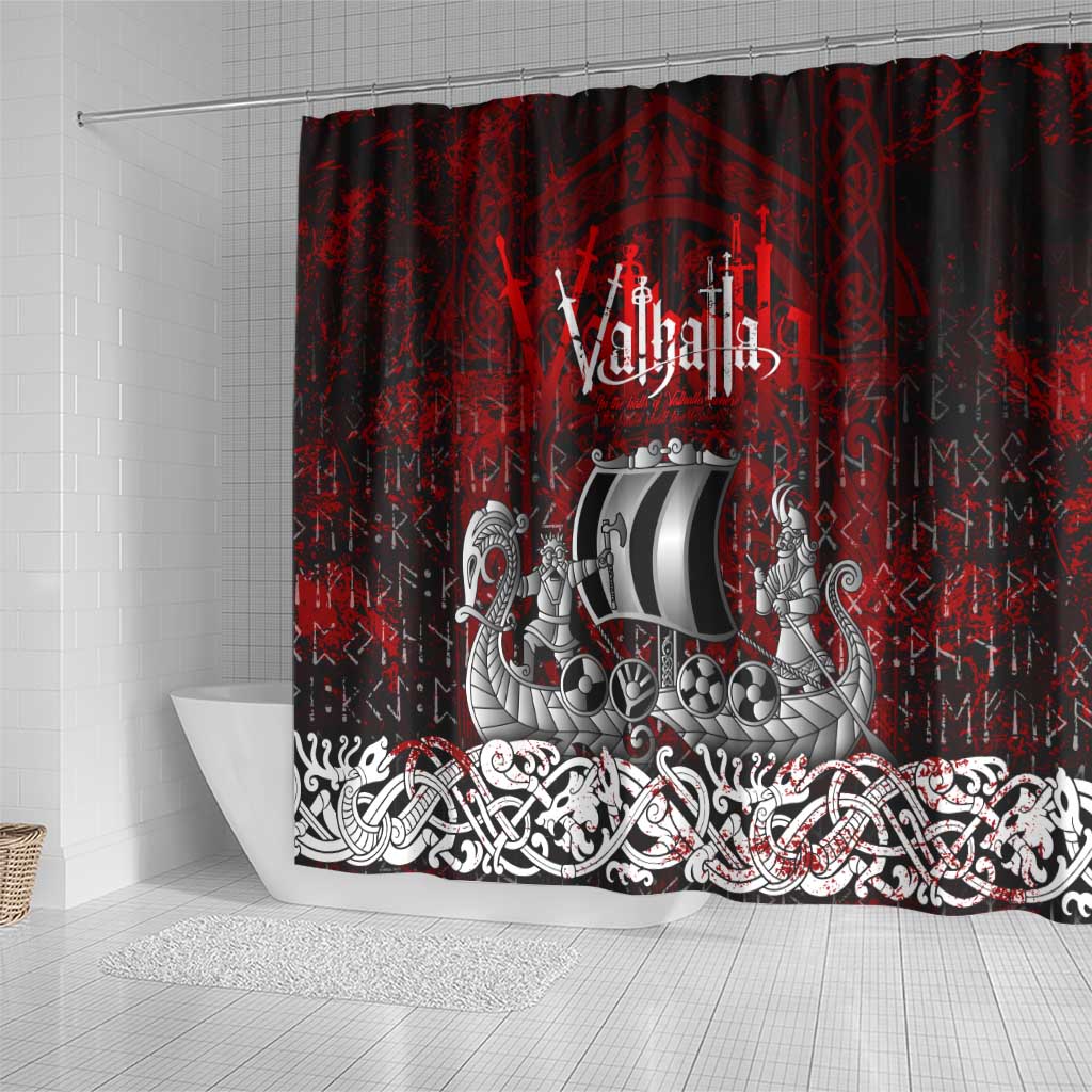 Blood Flows to Valhalla Shower Curtain Viking Longship Nordic Knotwork - Dark Mythology