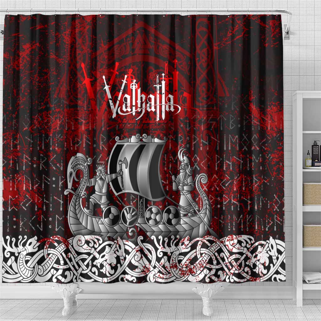 Blood Flows to Valhalla Shower Curtain Viking Longship Nordic Knotwork - Dark Mythology