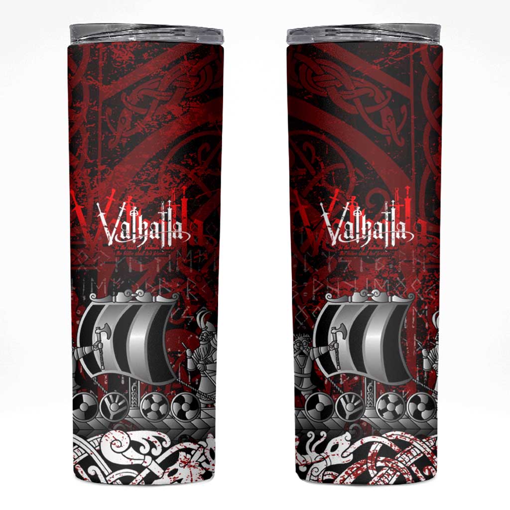 Blood Flows to Valhalla Skinny Tumbler Viking Longship Nordic Knotwork - Dark Mythology