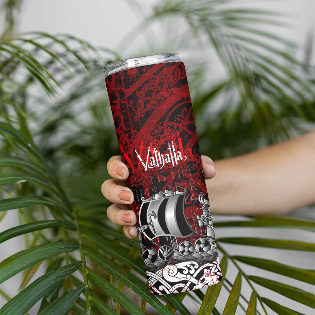 Blood Flows to Valhalla Skinny Tumbler Viking Longship Nordic Knotwork - Dark Mythology