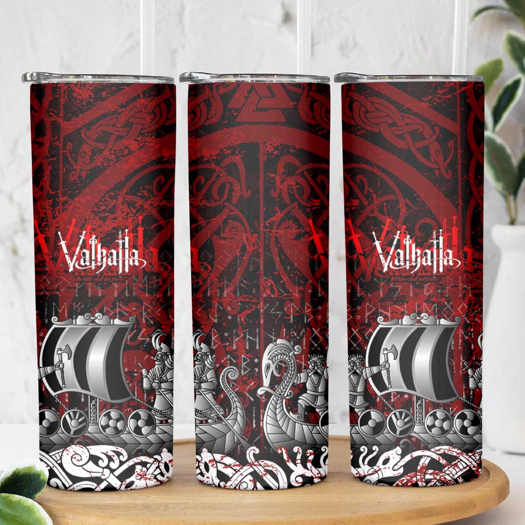 Blood Flows to Valhalla Skinny Tumbler Viking Longship Nordic Knotwork - Dark Mythology