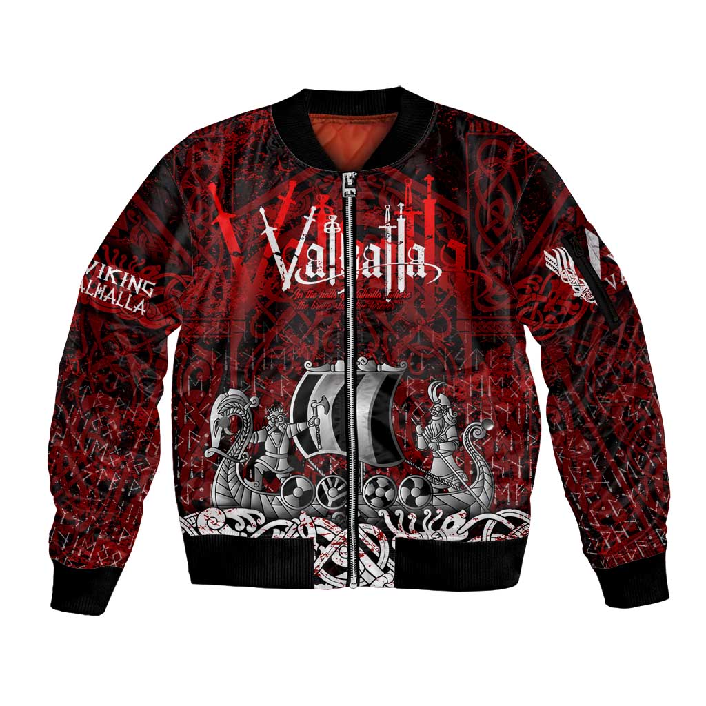 Blood Flows to Valhalla Sleeve Zip Bomber Jacket Viking Longship Nordic Knotwork - Dark Mythology