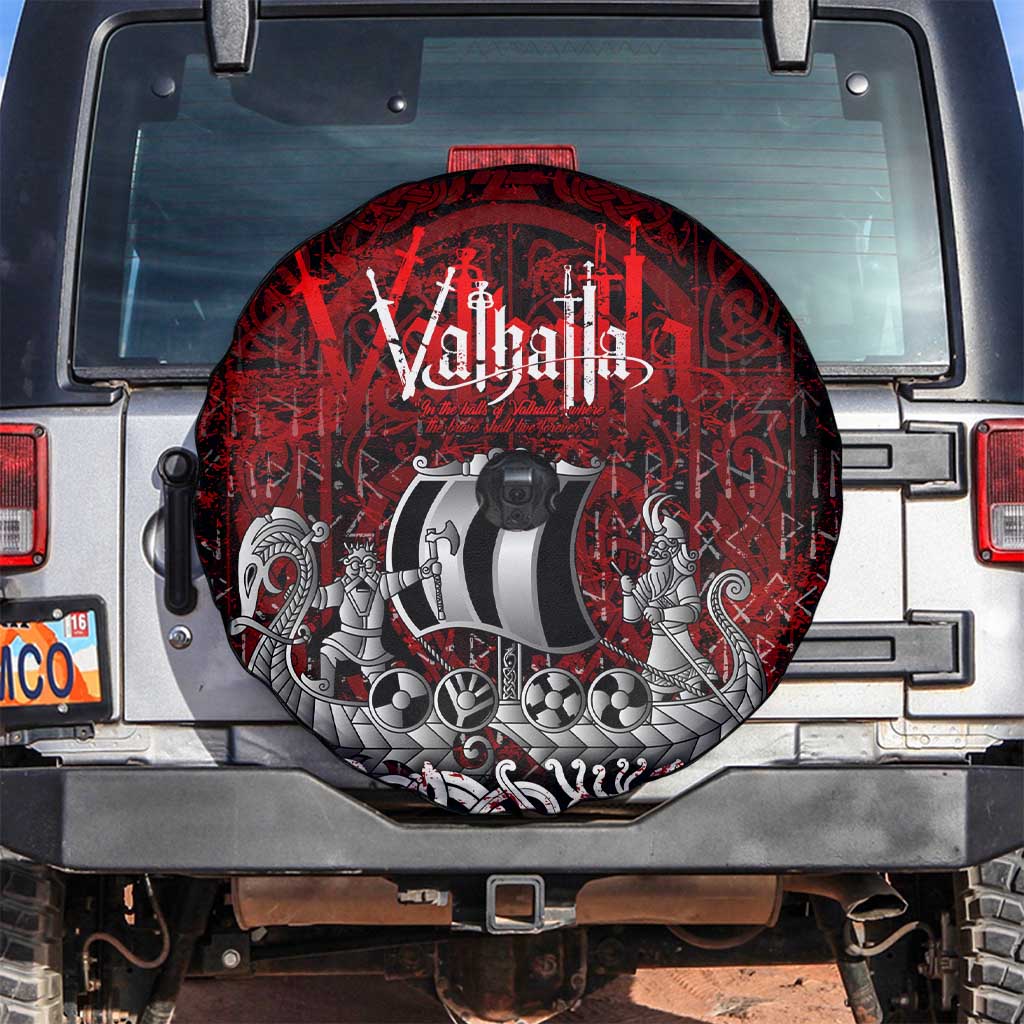 Blood Flows to Valhalla Spare Tire Cover Viking Longship Nordic Knotwork - Dark Mythology