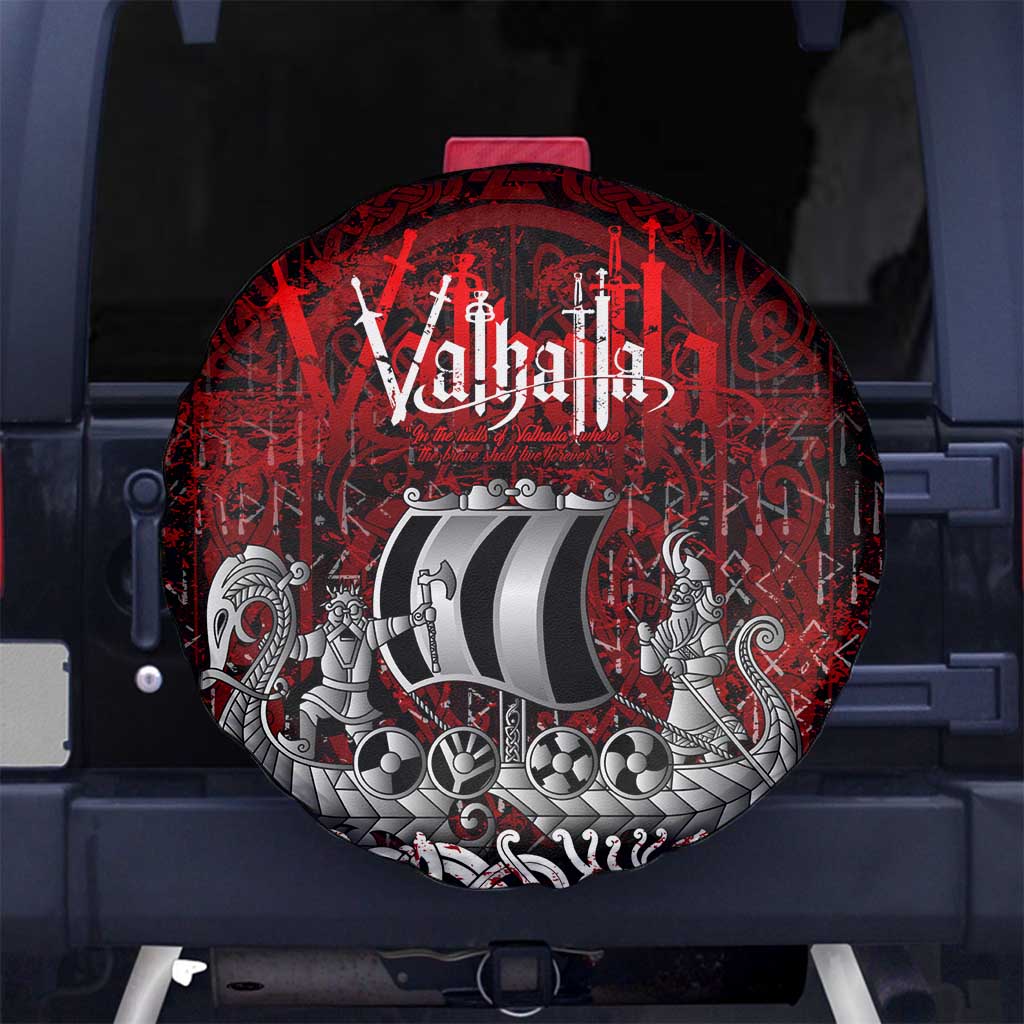 Blood Flows to Valhalla Spare Tire Cover Viking Longship Nordic Knotwork - Dark Mythology