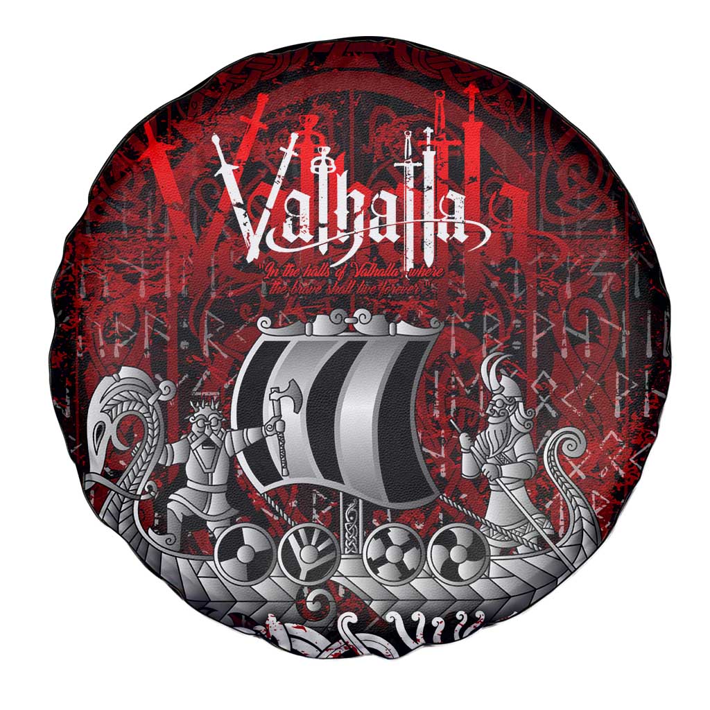 Blood Flows to Valhalla Spare Tire Cover Viking Longship Nordic Knotwork - Dark Mythology