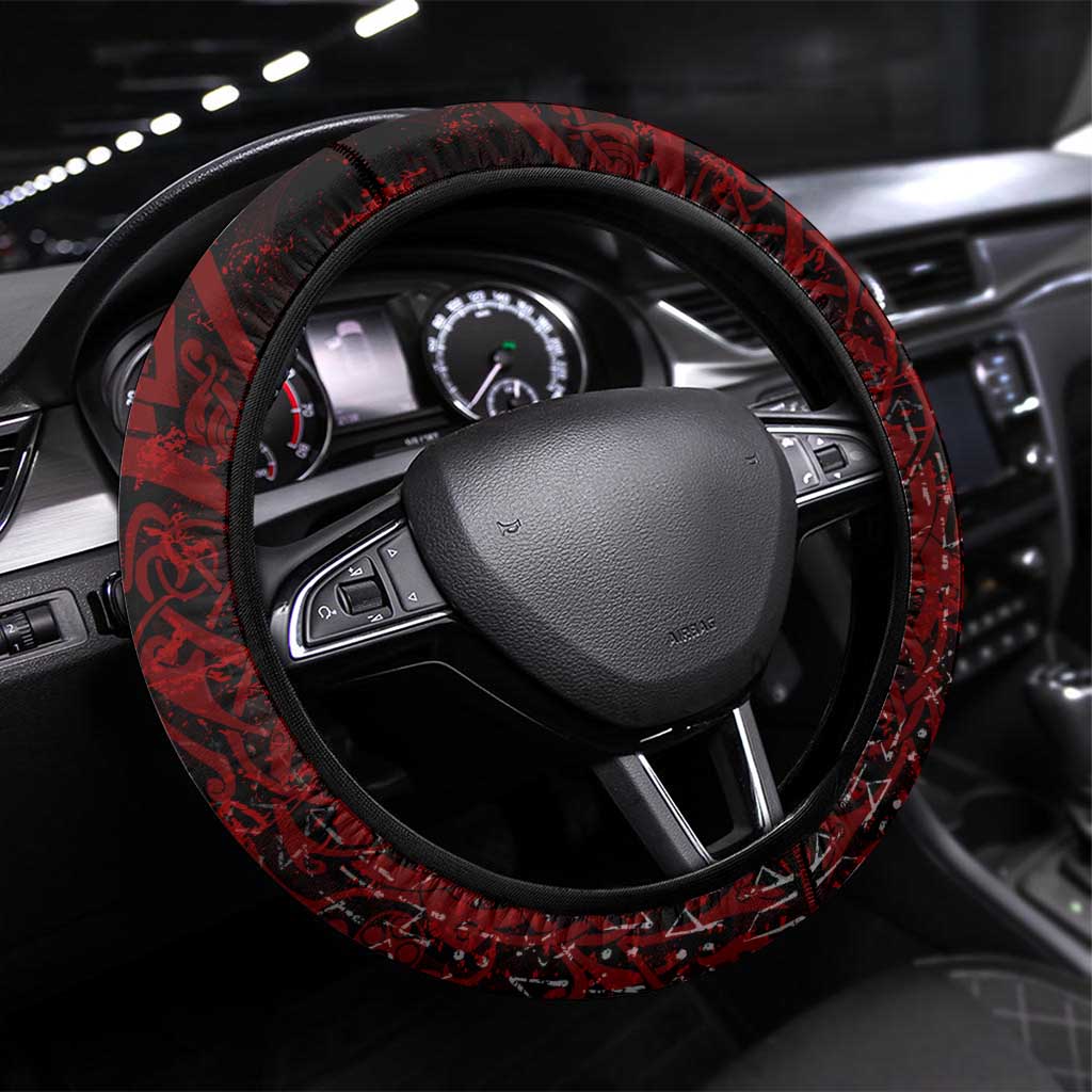 Blood Flows to Valhalla Steering Wheel Cover Viking Longship Nordic Knotwork - Dark Mythology