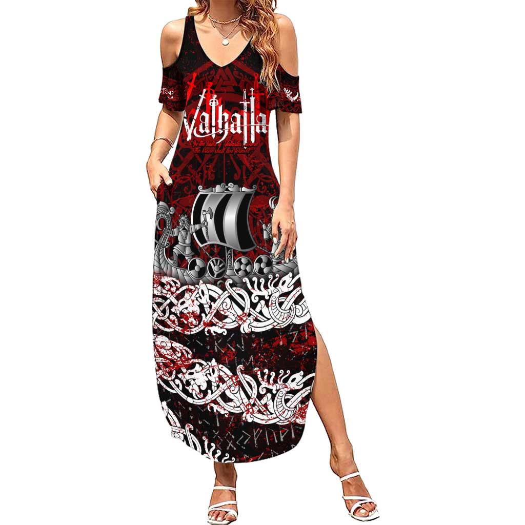 Blood Flows to Valhalla Summer Maxi Dress Viking Longship Nordic Knotwork - Dark Mythology
