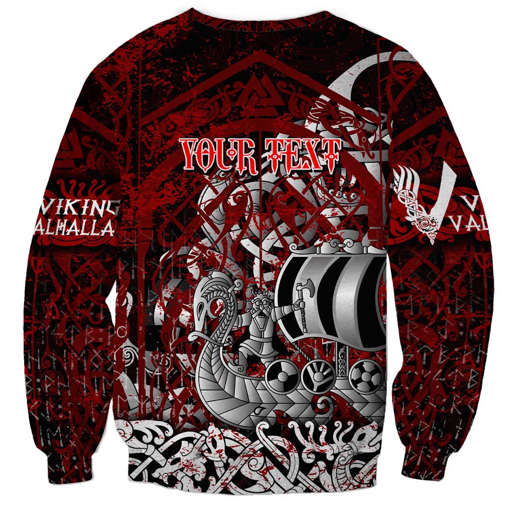 Blood Flows to Valhalla Sweatshirt Viking Longship Nordic Knotwork - Dark Mythology
