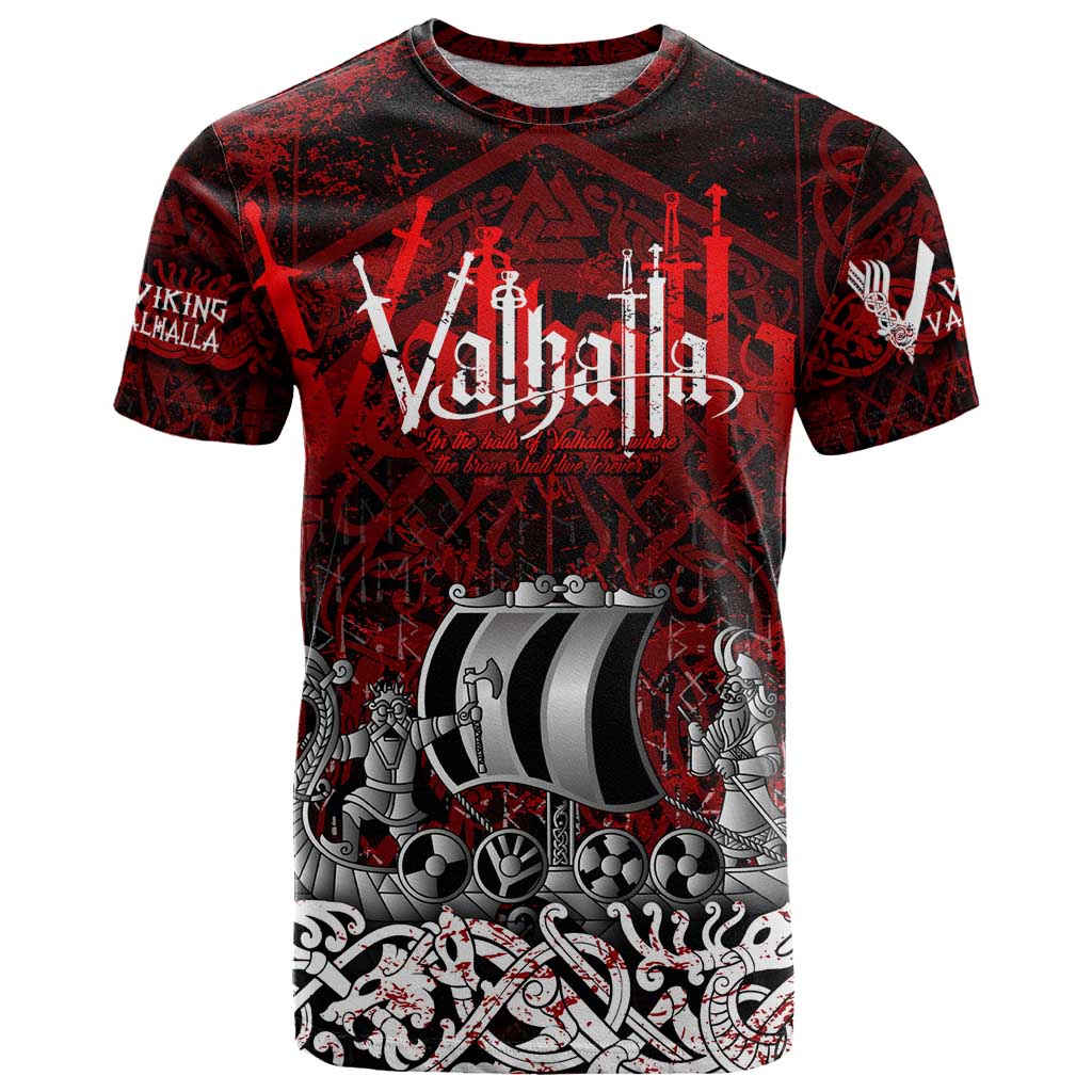 Blood Flows to Valhalla T Shirt Viking Longship Nordic Knotwork - Dark Mythology