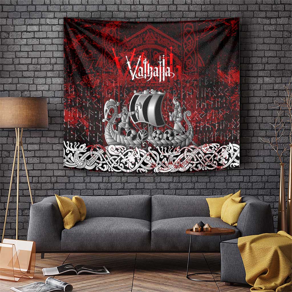 Blood Flows to Valhalla Tapestry Viking Longship Nordic Knotwork - Dark Mythology