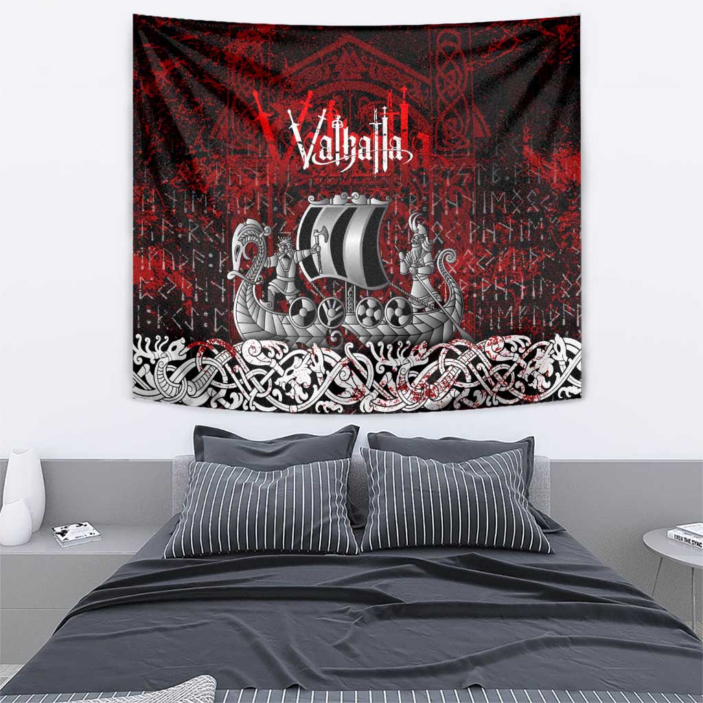 Blood Flows to Valhalla Tapestry Viking Longship Nordic Knotwork - Dark Mythology