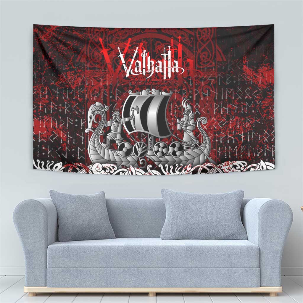 Blood Flows to Valhalla Tapestry Viking Longship Nordic Knotwork - Dark Mythology