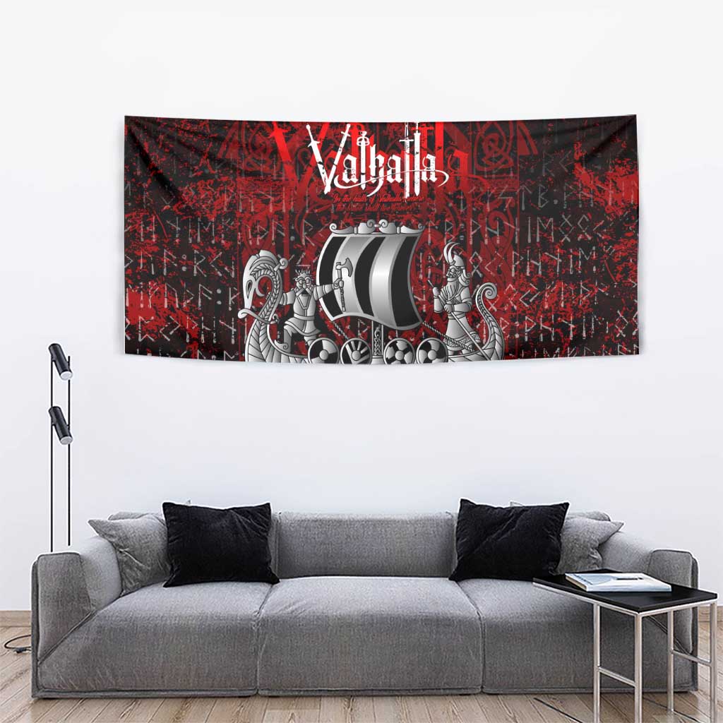 Blood Flows to Valhalla Tapestry Viking Longship Nordic Knotwork - Dark Mythology