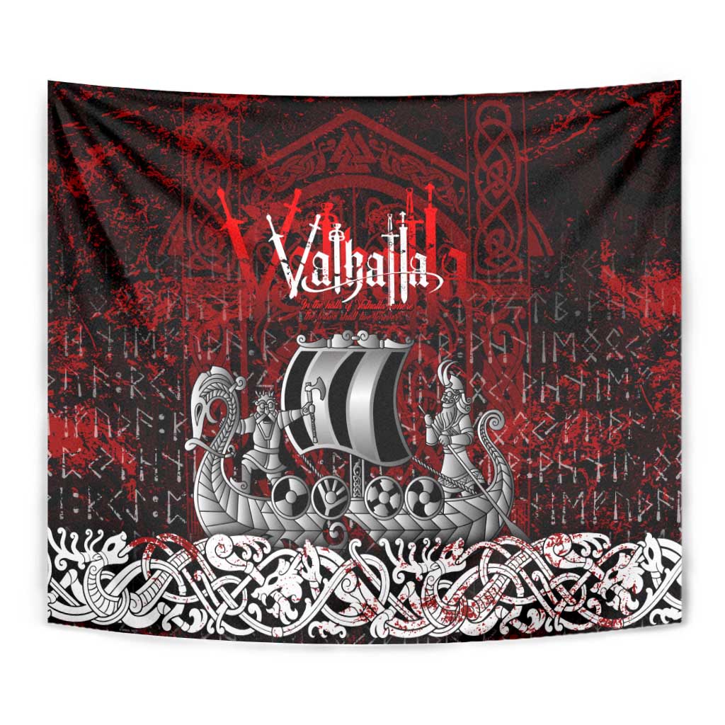 Blood Flows to Valhalla Tapestry Viking Longship Nordic Knotwork - Dark Mythology