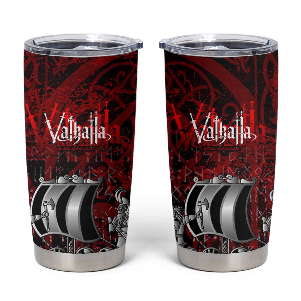 Blood Flows to Valhalla Tumbler Cup Viking Longship Nordic Knotwork - Dark Mythology