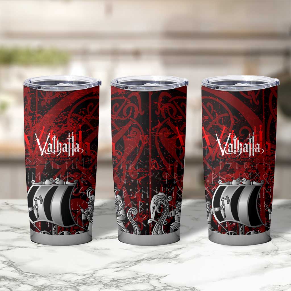 Blood Flows to Valhalla Tumbler Cup Viking Longship Nordic Knotwork - Dark Mythology