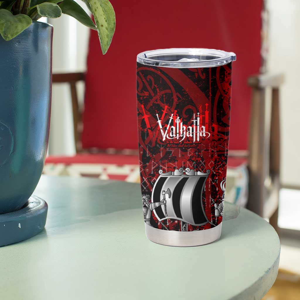Blood Flows to Valhalla Tumbler Cup Viking Longship Nordic Knotwork - Dark Mythology