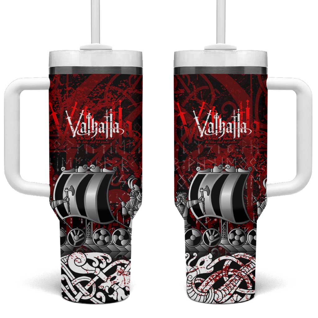 Blood Flows to Valhalla Tumbler With Handle Viking Longship Nordic Knotwork - Dark Mythology