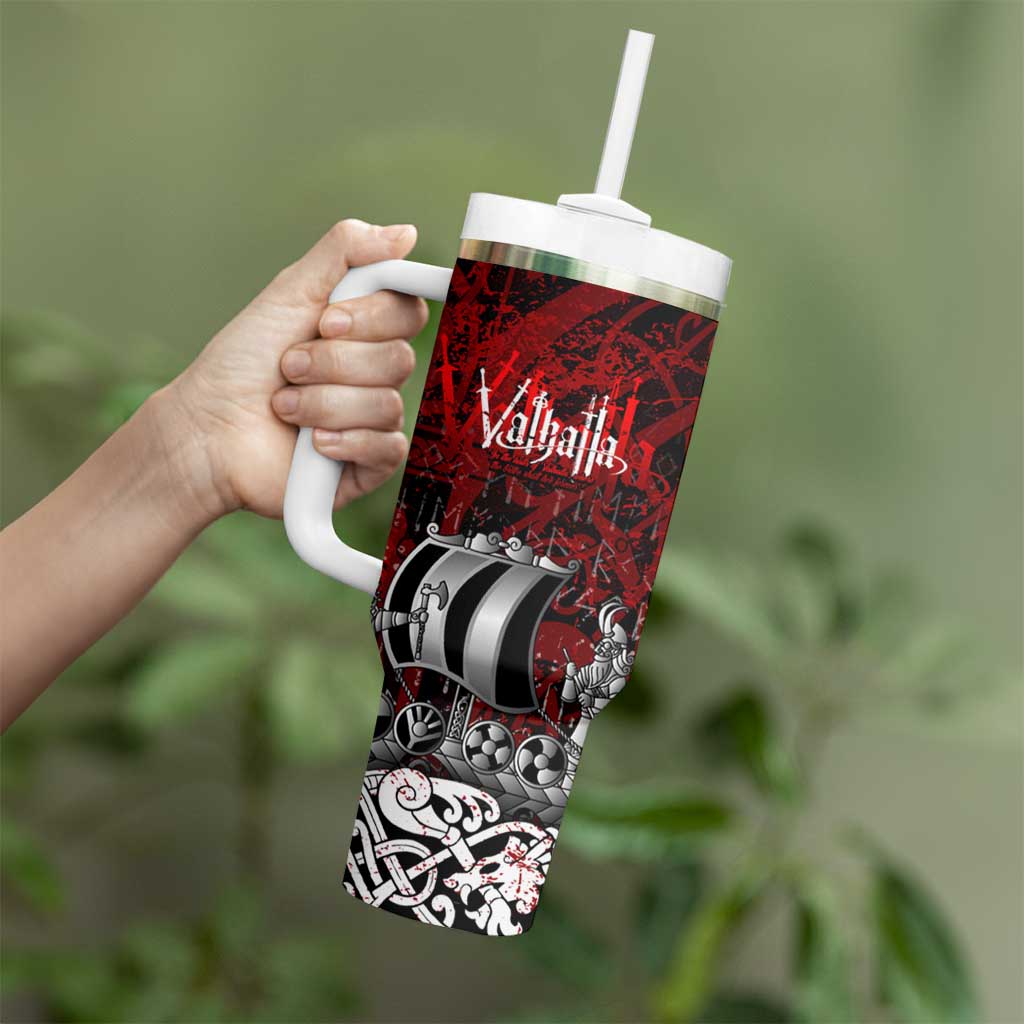 Blood Flows to Valhalla Tumbler With Handle Viking Longship Nordic Knotwork - Dark Mythology