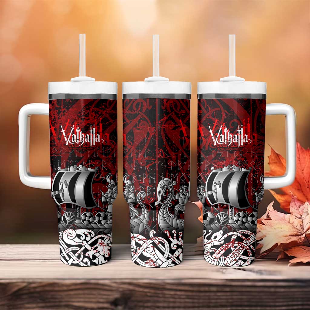 Blood Flows to Valhalla Tumbler With Handle Viking Longship Nordic Knotwork - Dark Mythology