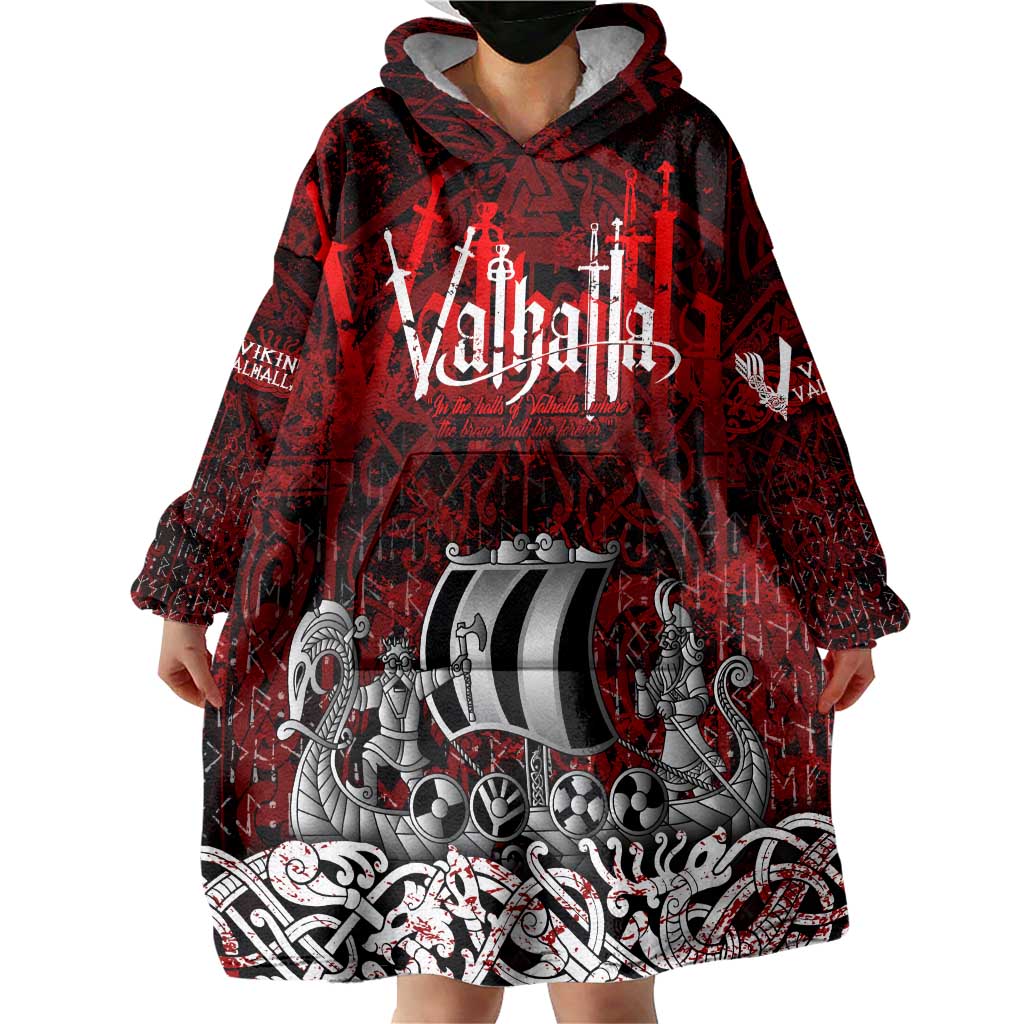 Blood Flows to Valhalla Wearable Blanket Hoodie Viking Longship Nordic Knotwork - Dark Mythology